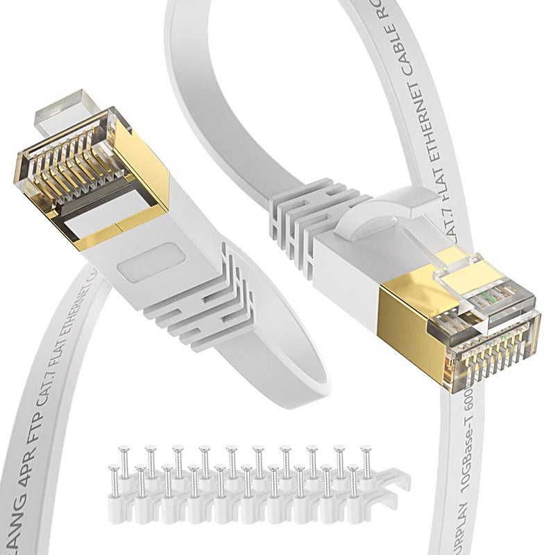 Surplay Cat7 Ethernet Cable 100FT-White-10Gbps High Speed Ultra Slim Outdoor&Indoor Double Shielded with Ground Wire & Gold-Plated RJ45 Flat Cord for IP-Camera,TV,Router,NAS(50 Clips) - Image 1